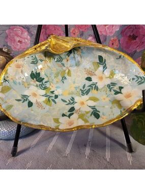DECOUPAGE CLAM SHELL DECOUPAGE FLOWERS TRINKET DISH